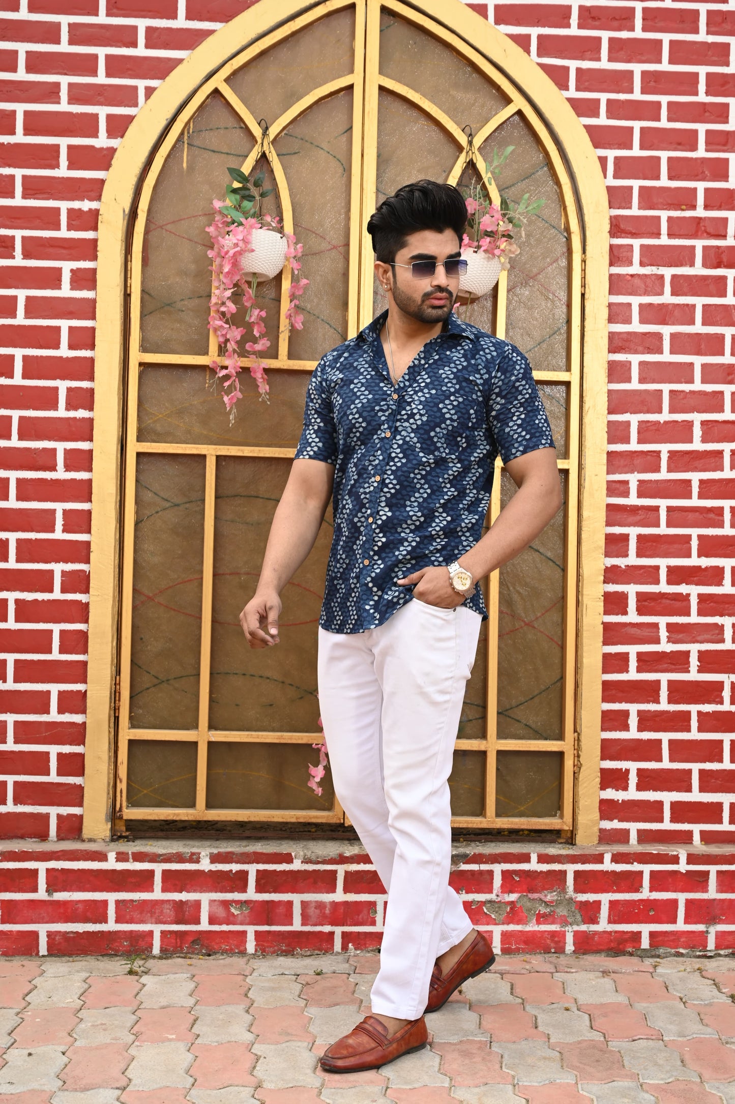 Navy Blue Geometric Printed Cotton Shirt for Men