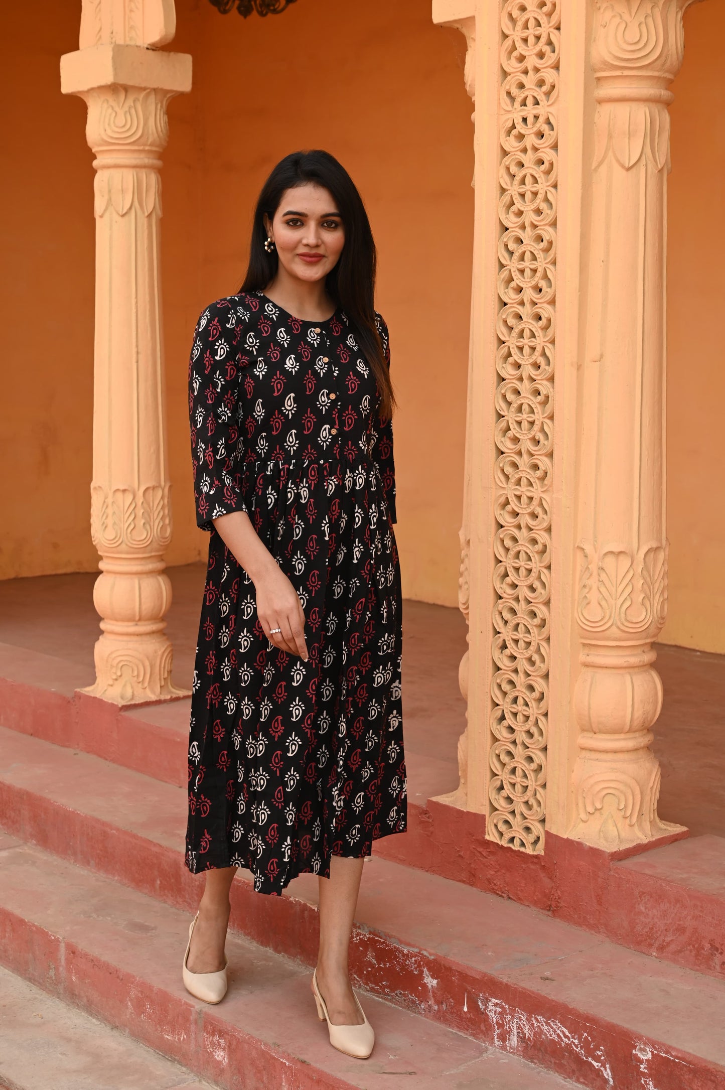 Handblock Printed Black & Red Cotton Midi Dress