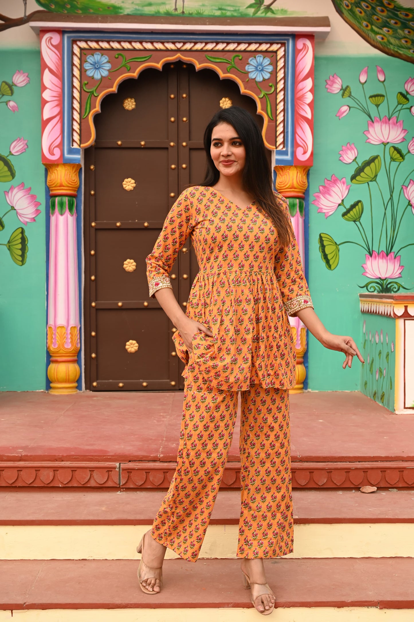 Mustard Peplum Flared Kurta Co-ord Set