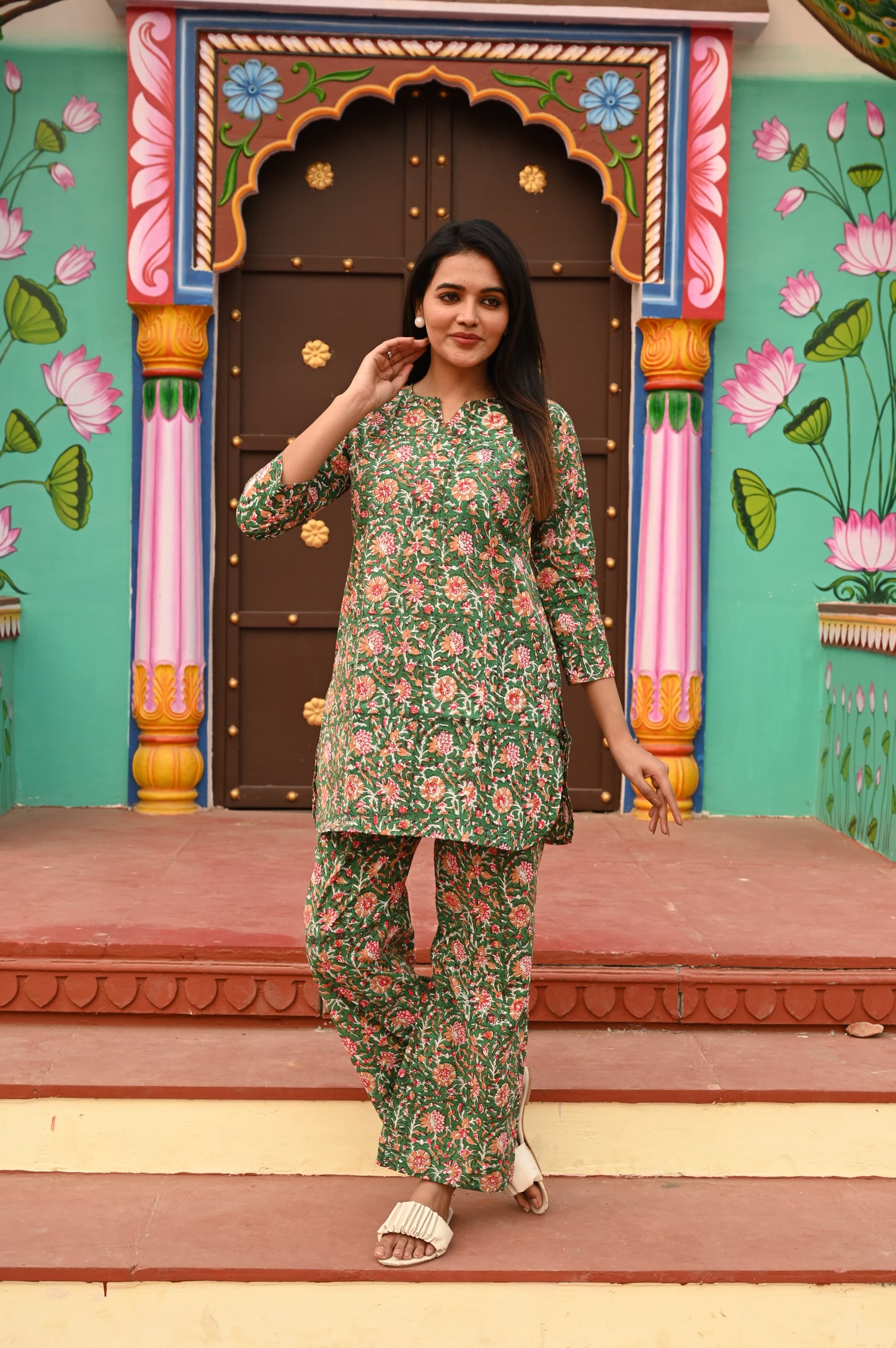 Green Floral Mughal Cotton Co-ord Set