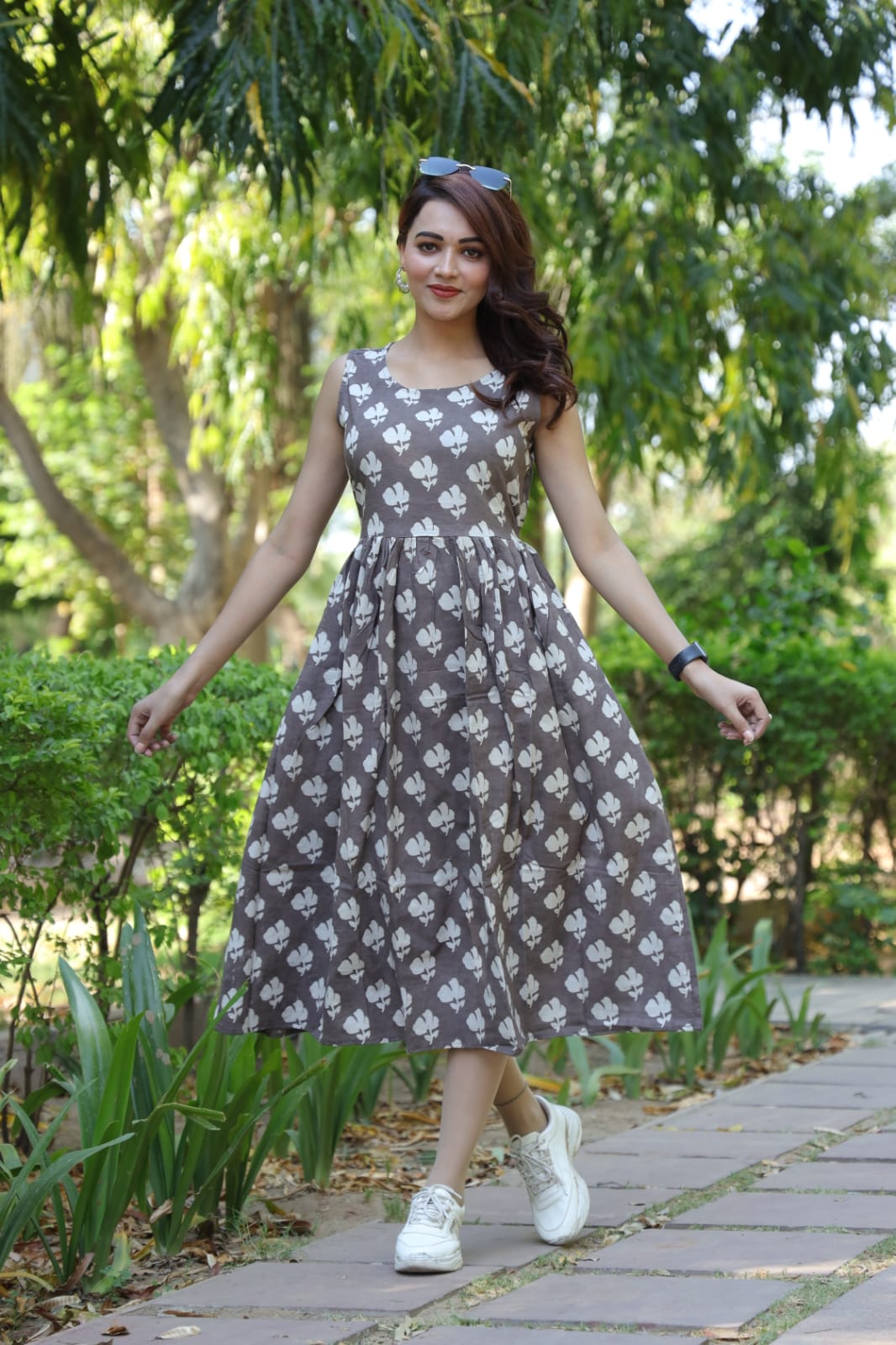 Brown Floral Cotton Midi Dress
