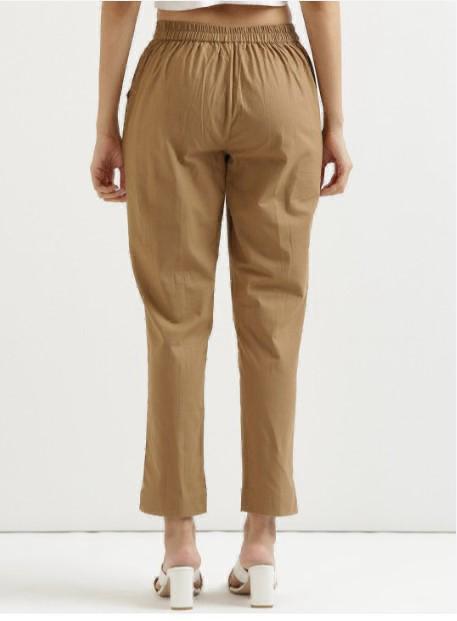Camel Brown Cotton Tapered Pants for Women