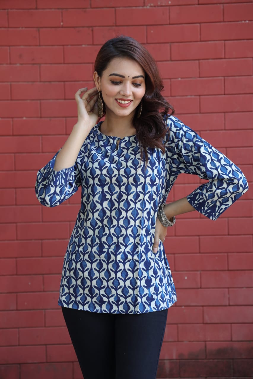 Blue and White Bagru Floral Cotton Kurti