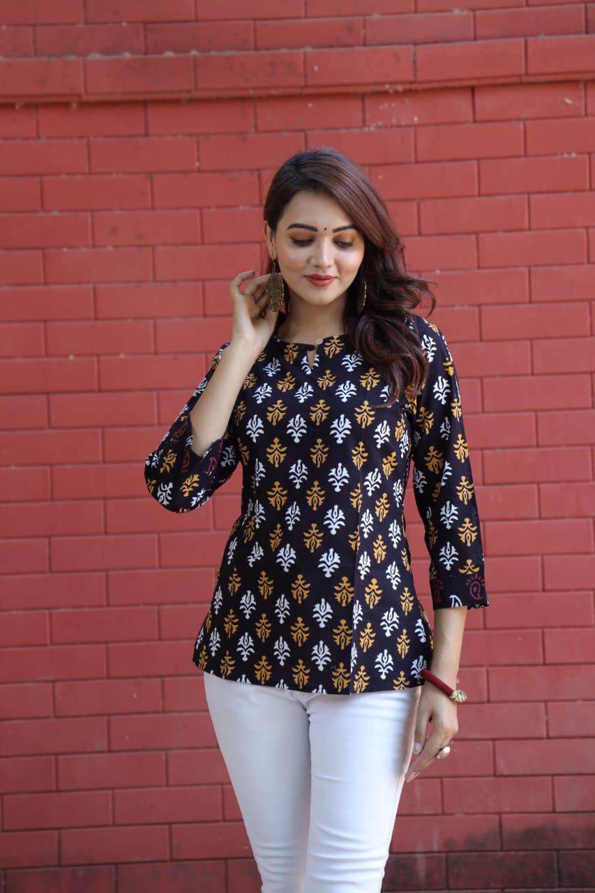 Black Mughal Motif Cotton Top