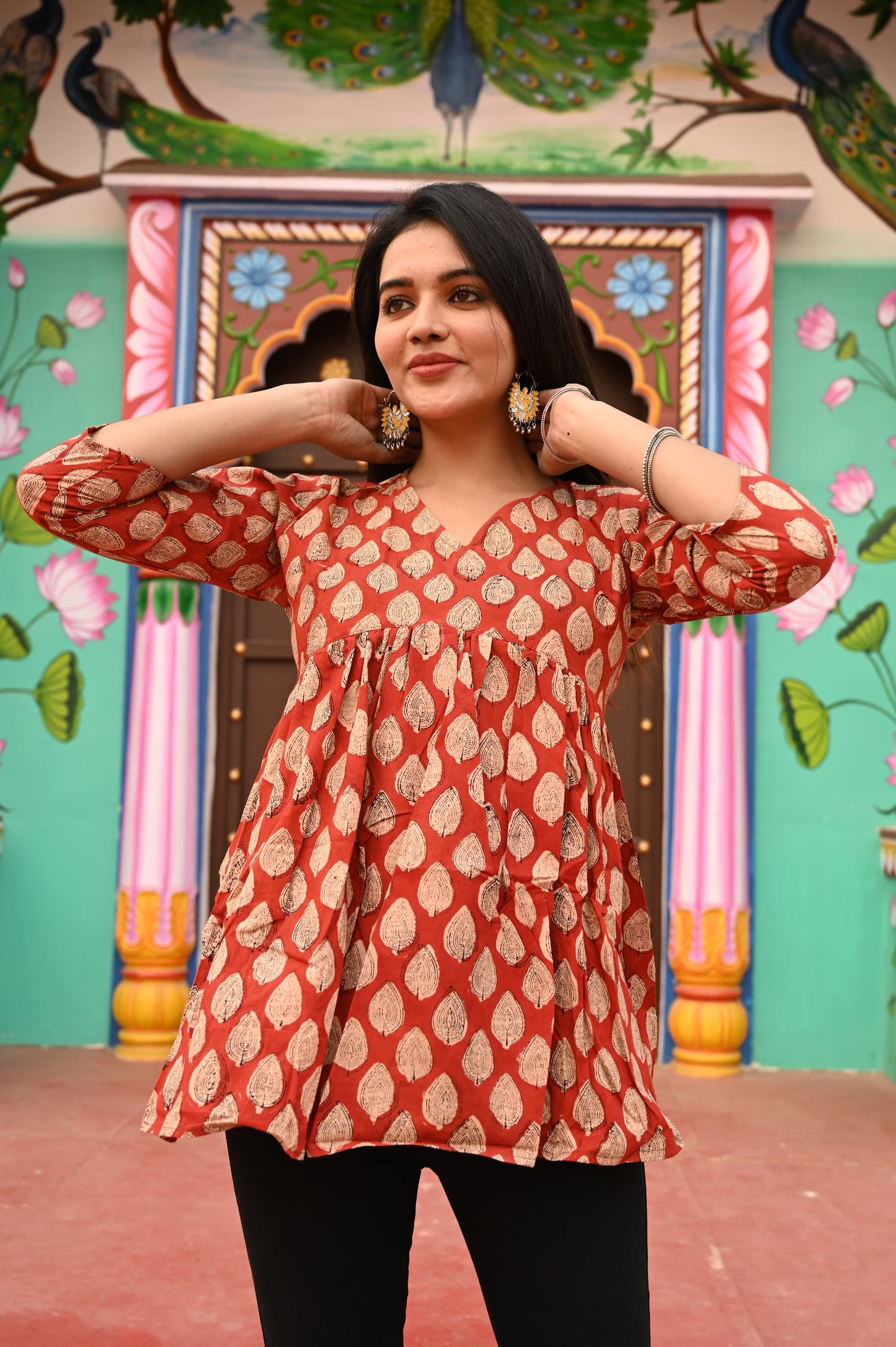 Handblock Cotton Peplum Kurti – Red & Gold Leaf Motif