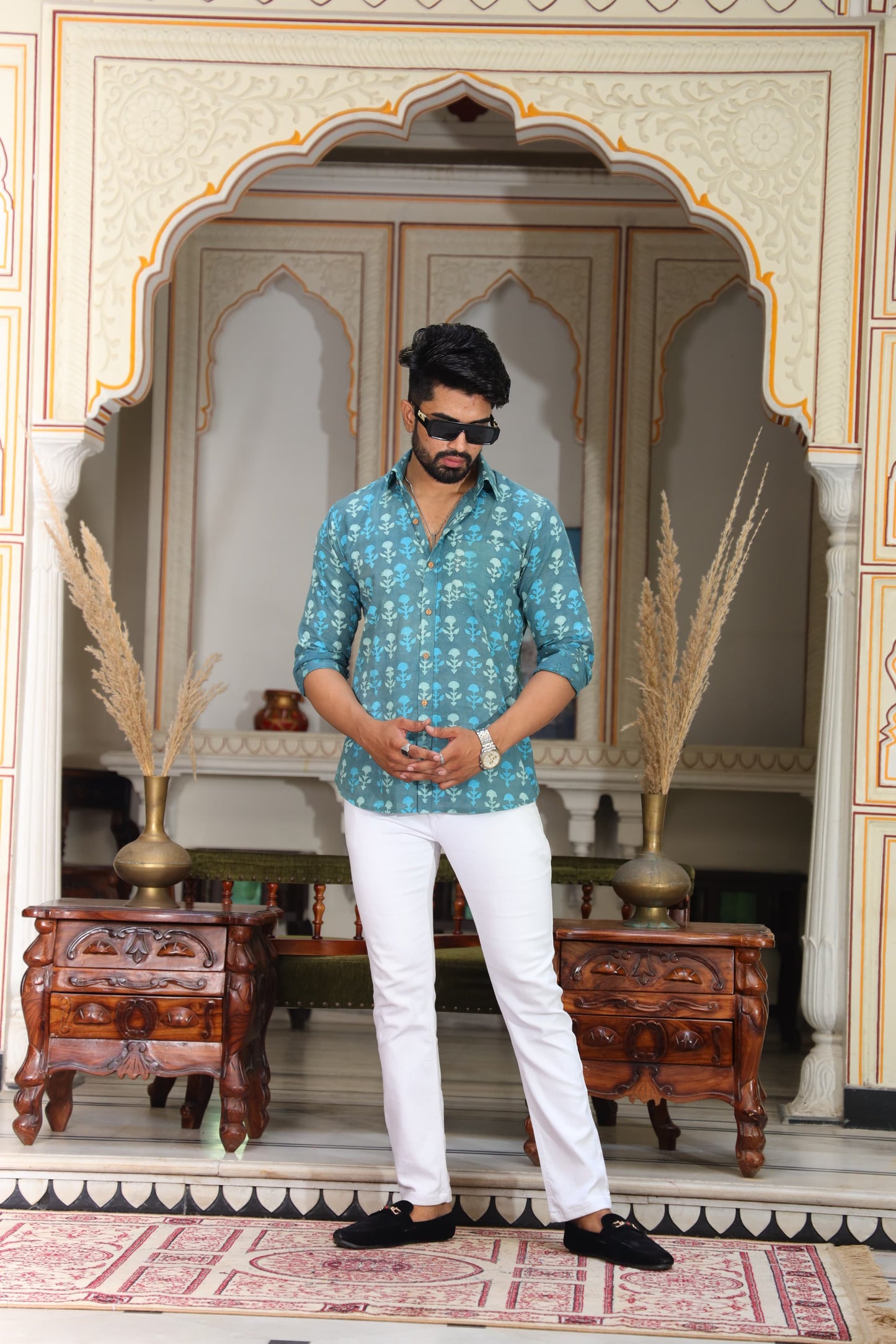 Teal Skull Motif Cotton Shirt for Men