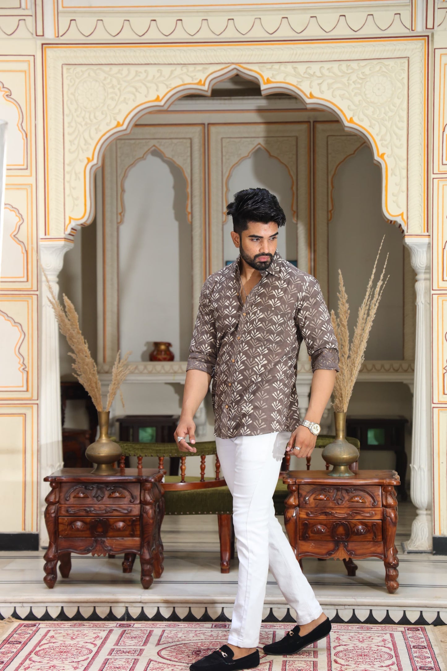Mocha Brown Handblock Shirt for Men