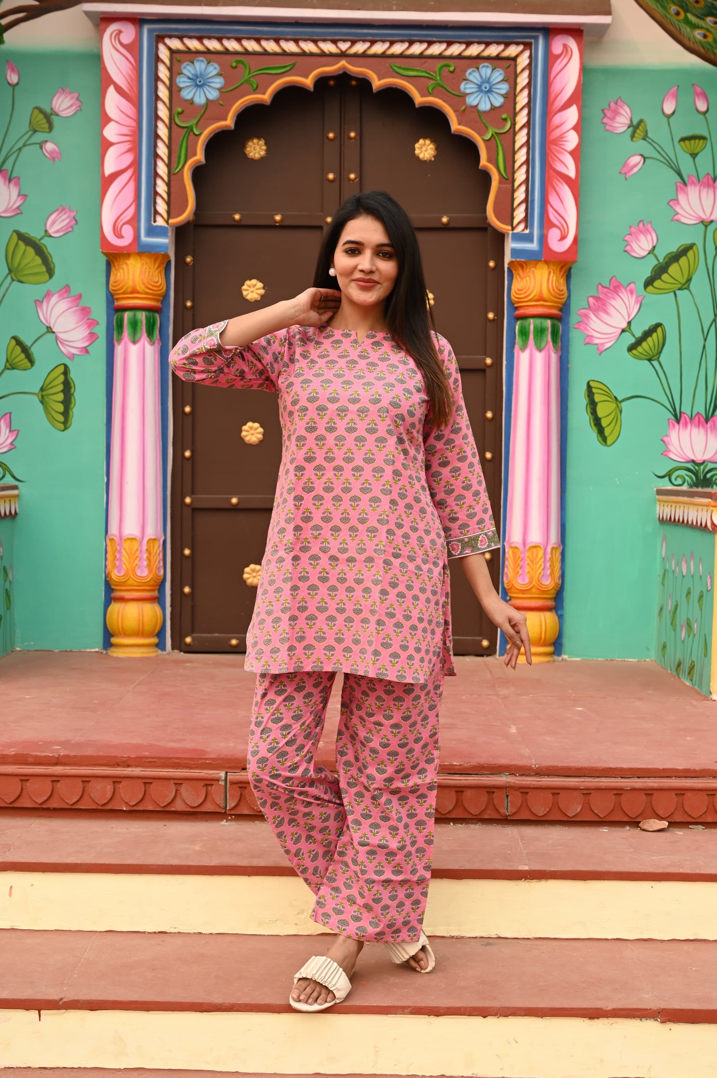 Pink Mughal Floral Straight Kurta Co-ord Set