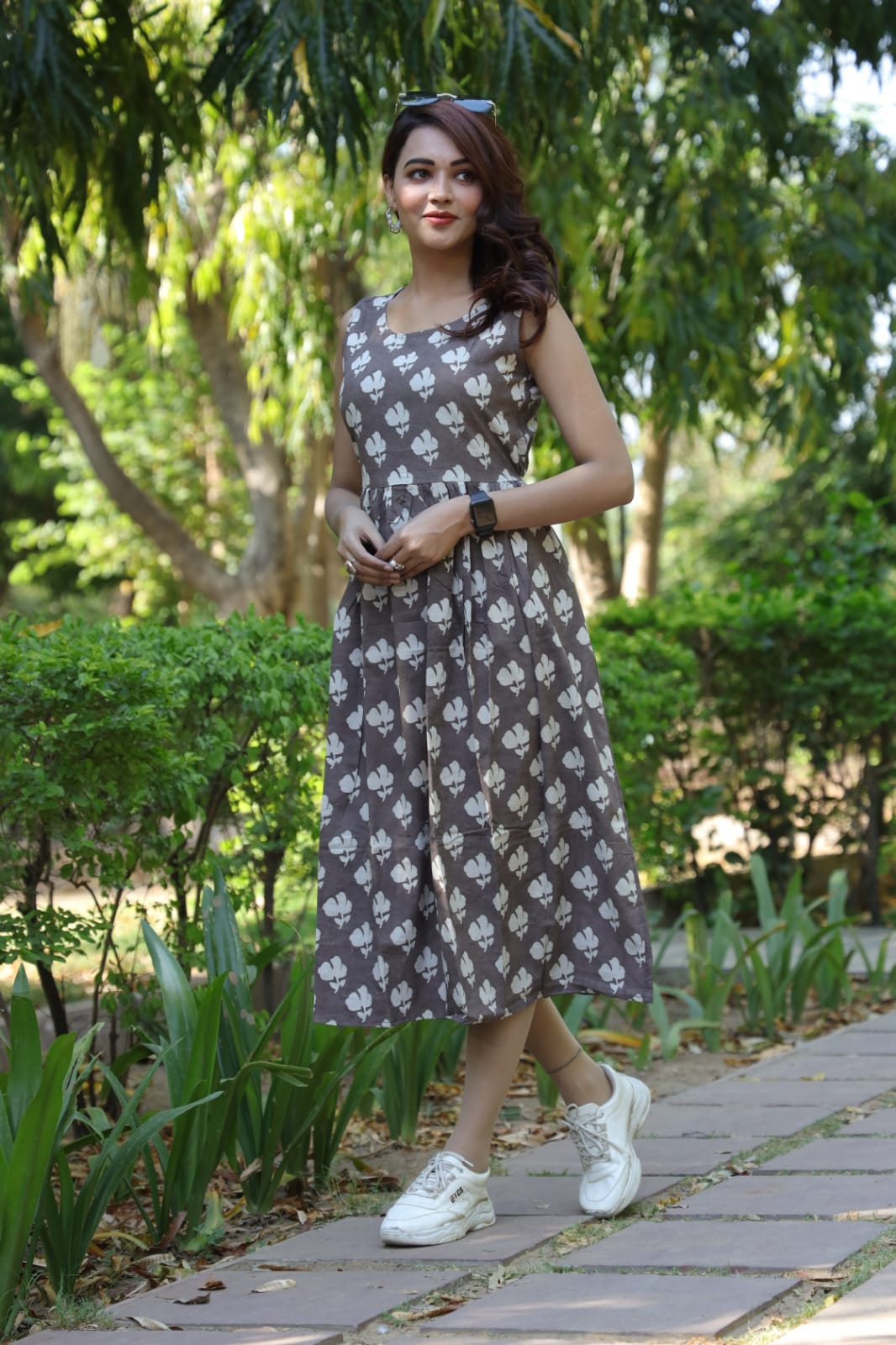 Brown Floral Cotton Midi Dress