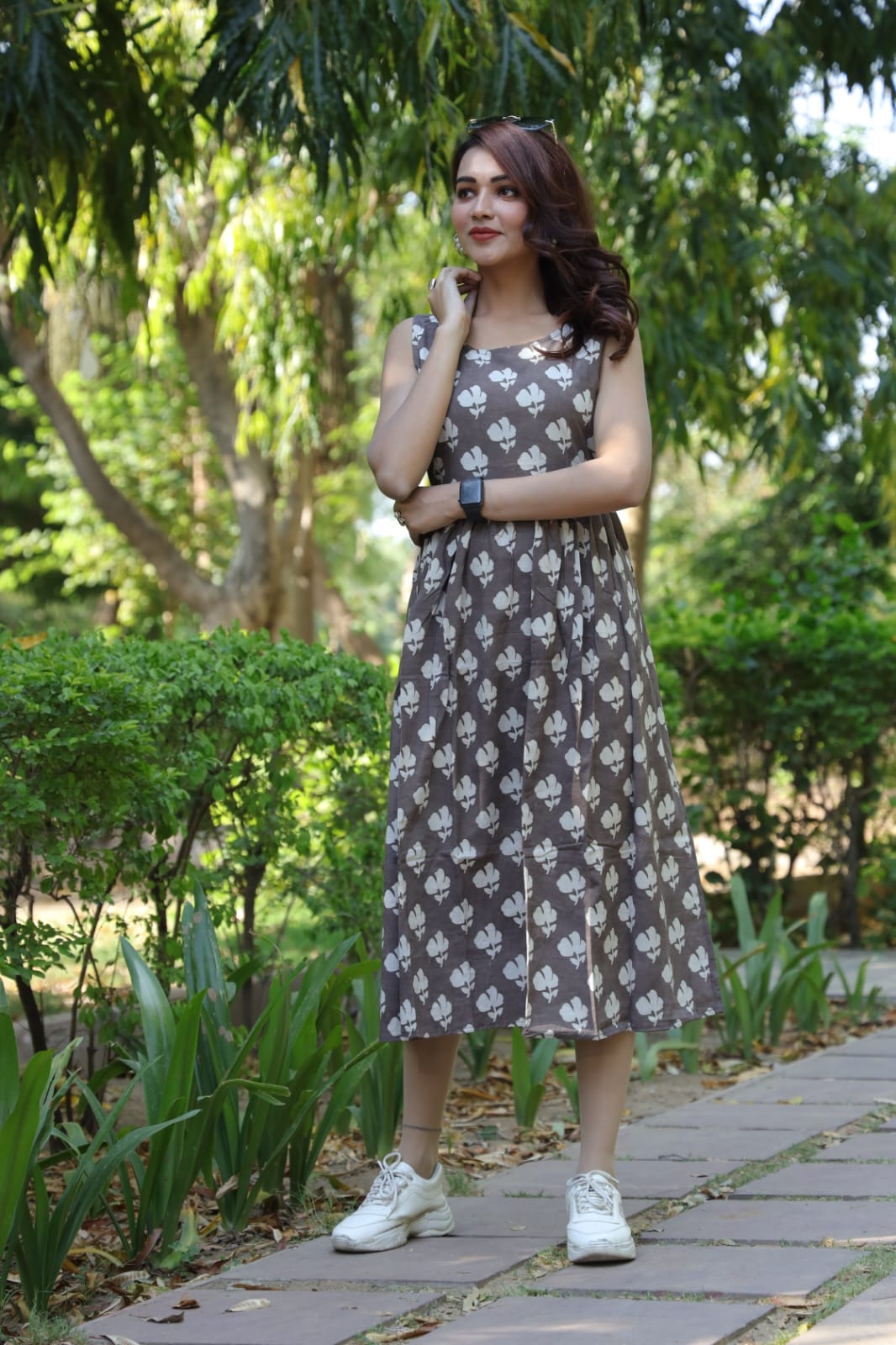 Brown Floral Cotton Midi Dress
