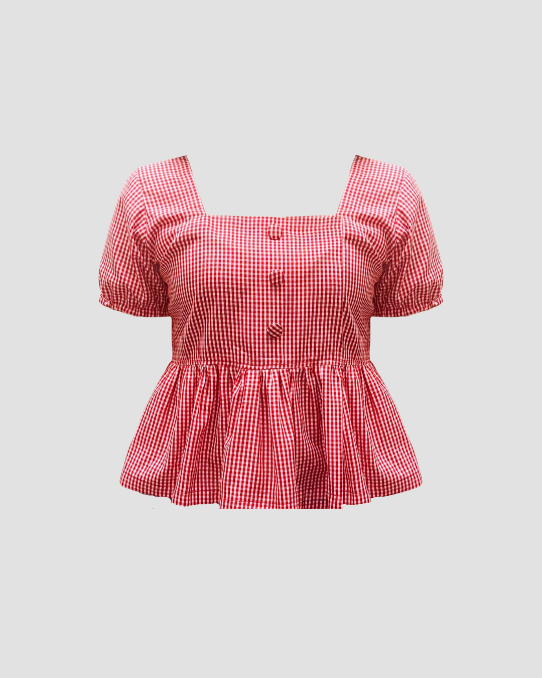 Red & White Gingham Peplum Top – Puff Sleeve Ruffle Hem Cotton Blouse
