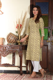 Mustard Yellow Hand-Block Style Cotton Kurta – Graceful Everyday Ethnic Wear
