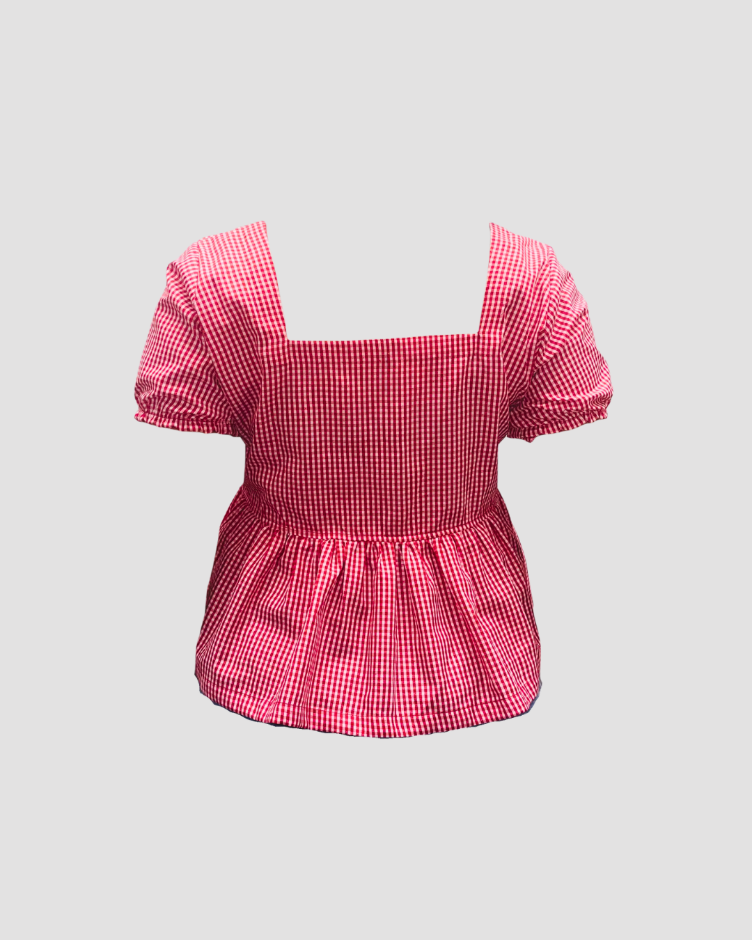 Red & White Gingham Peplum Top – Puff Sleeve Ruffle Hem Cotton Blouse
