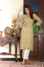Mustard Yellow Hand-Block Style Cotton Kurta – Graceful Everyday Ethnic Wear