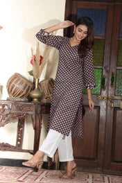 Black & Pink Printed Cotton Kurta for Women – Stylish Daily Wear with Hand-Block Touch