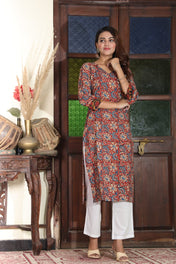 Rust Red & Blue Floral Cotton Kurta for Women – Traditional Block Print Style