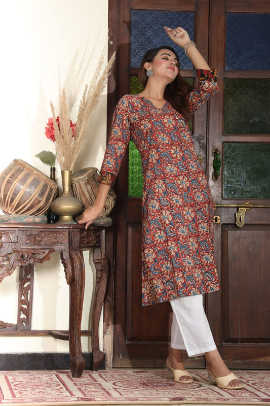 Rust Red & Blue Floral Cotton Kurta for Women – Traditional Block Print Style