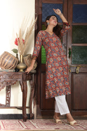 Rust Red & Blue Floral Cotton Kurta for Women – Traditional Block Print Style