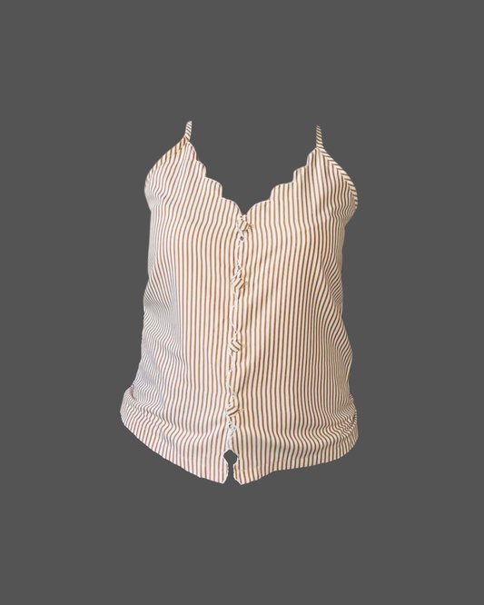 Women Beige Striped Cotton Camisole Top with Scallop Neck