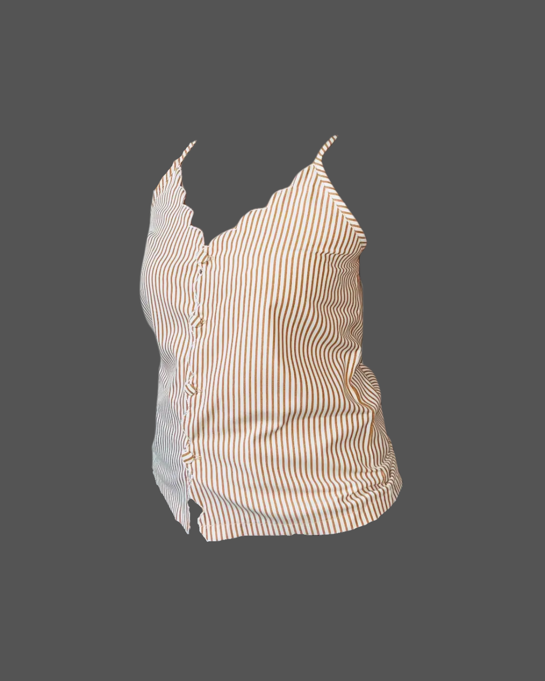 Women Beige Striped Cotton Camisole Top with Scallop Neck