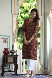 Autumn Leaf Printed Black Cotton Kurta – Elegant V-Neck Straight Fit for Women