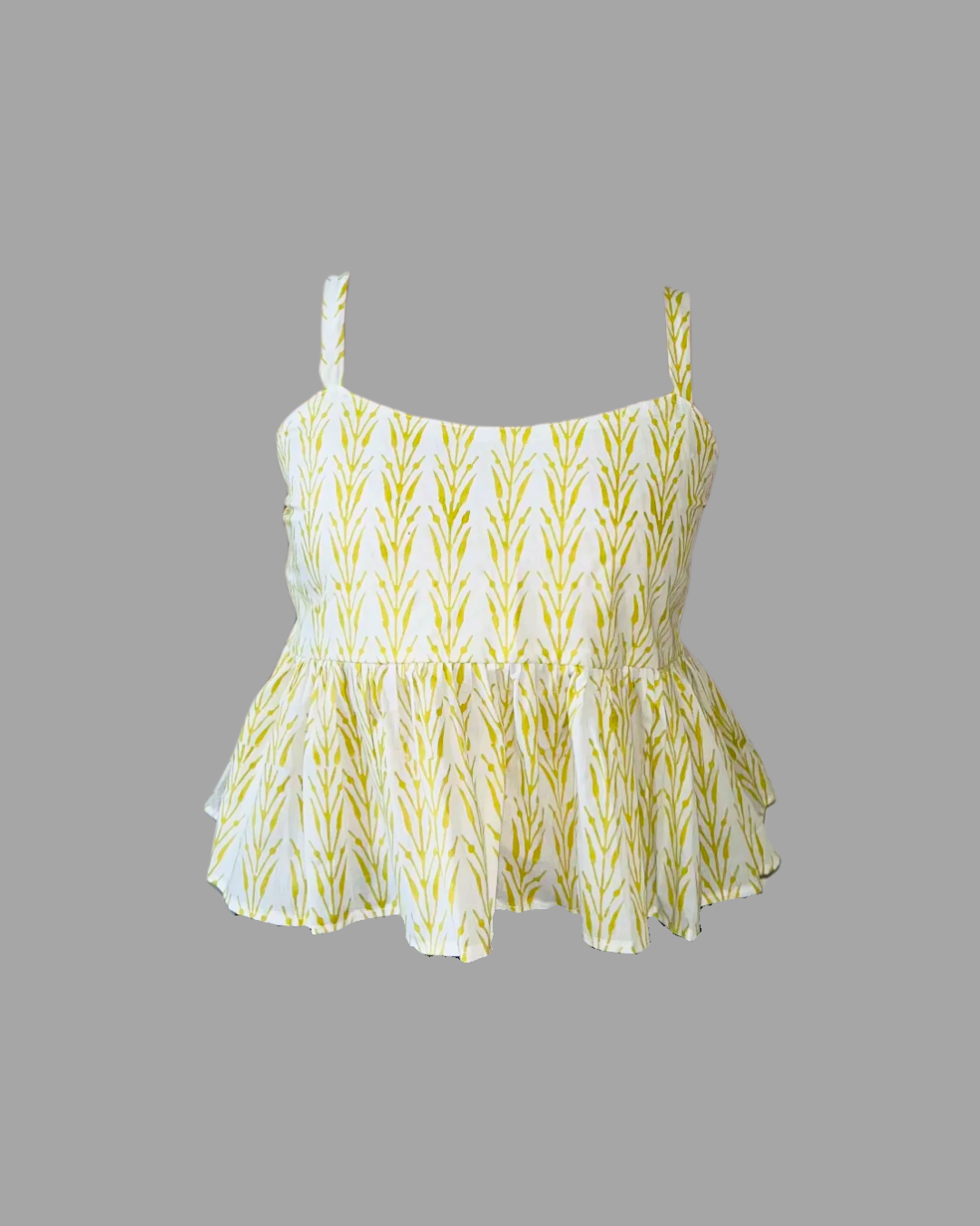 Women White Cotton Peplum Top with Green Leaf Print