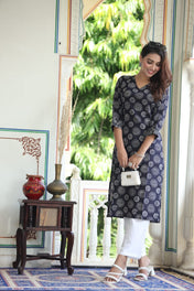 Navy Blue Cotton Kurta with White Circular Print – Elegant V-Neck Everyday Ethnic Wear
