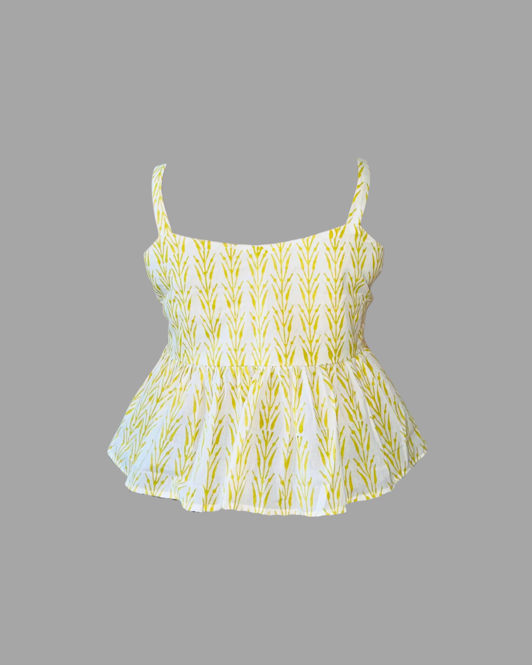 Women White Cotton Peplum Top with Green Leaf Print