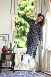 Navy Blue Cotton Kurta with White Circular Print – Elegant V-Neck Everyday Ethnic Wear