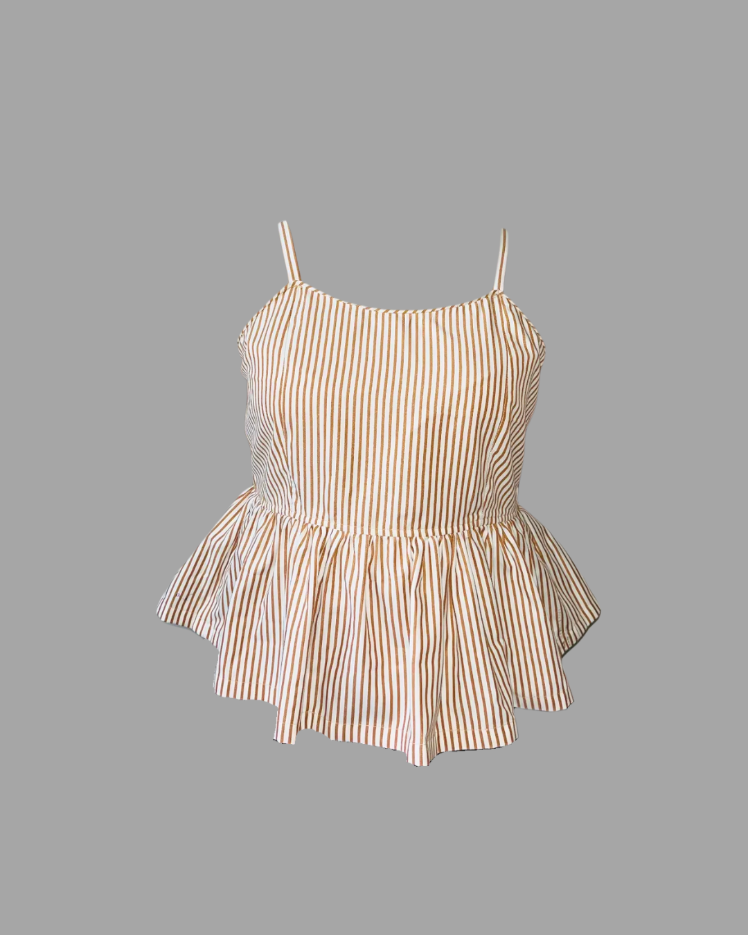 Women Beige Striped Cotton Peplum Top with Spaghetti Straps