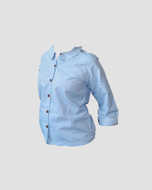 Women Blue Striped Cotton Shirt Top with Peter Pan Collar