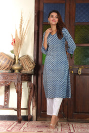 Indigo Blue Hand-Block Printed Cotton Kurta – Effortless Ethnic Charm