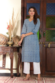 Indigo Blue Hand-Block Printed Cotton Kurta – Effortless Ethnic Charm