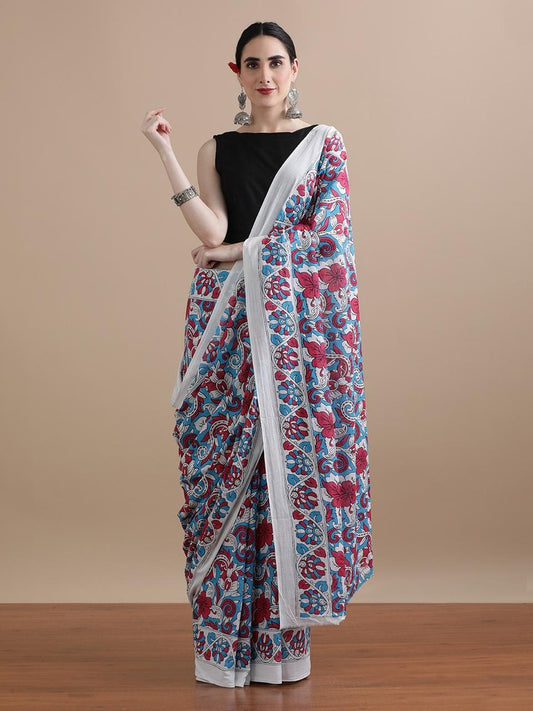 Handblock Printed White Base Floral Mul Cotton Saree