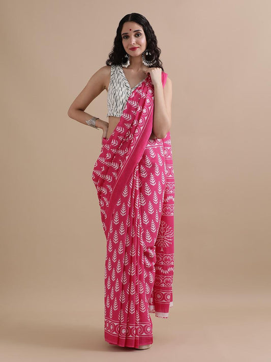Pink Leaf Motif Mul Cotton Saree