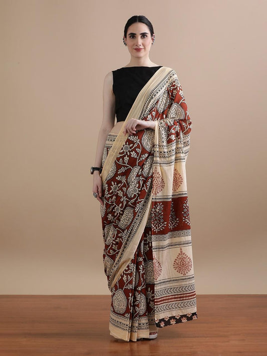 Maroon & Beige Kalamkari-Style Floral Mul Saree | Bagru Print