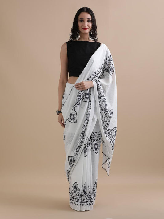 White Base Red & Blue Floral Mul Cotton Saree | Bagru Handblock Print