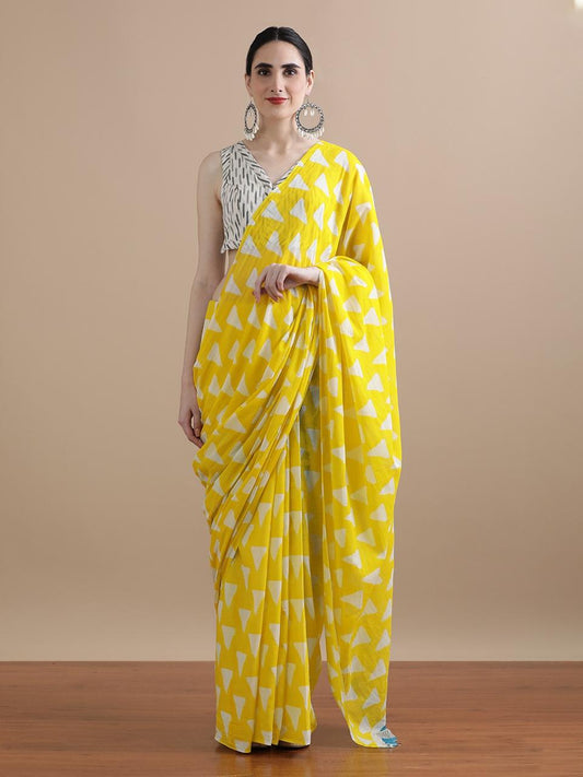 Yellow Geometric Bagru Cotton Mul Saree
