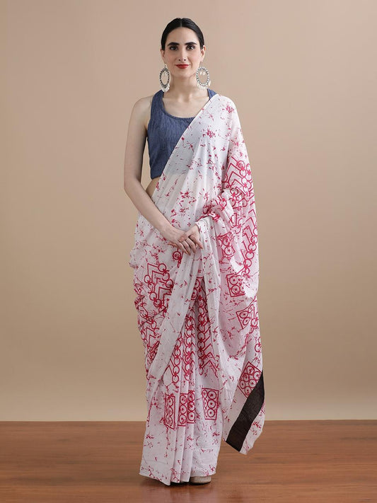 White & Red Artistic Print Cotton Saree