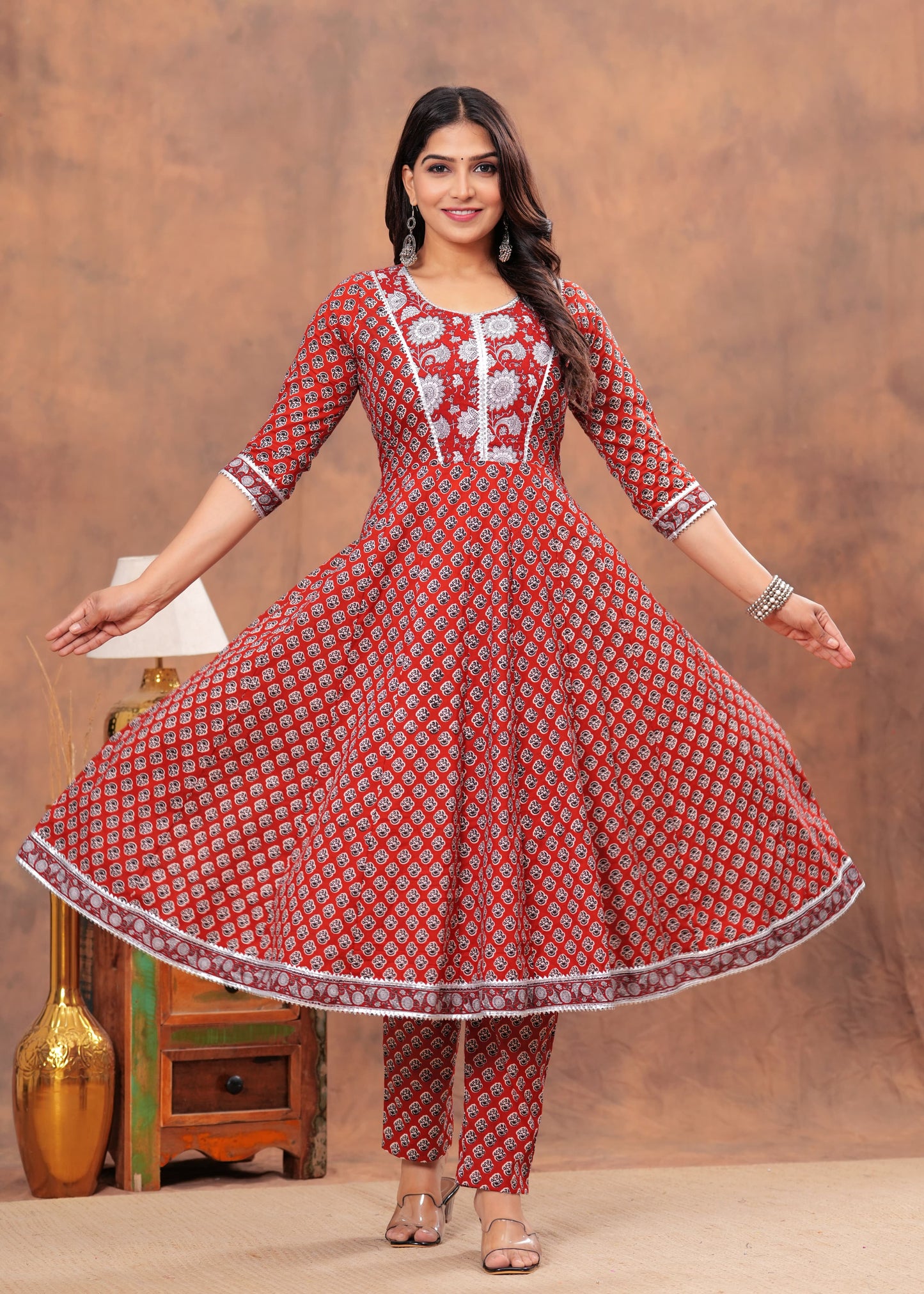 Red Bagru Hand Block Printed Cotton Anarkali Kurti Set with Dupatta