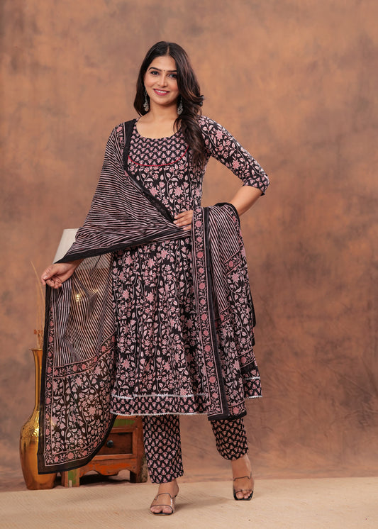 Black Floral Hand Block Printed Cotton Anarkali Suit Set with Dupatta