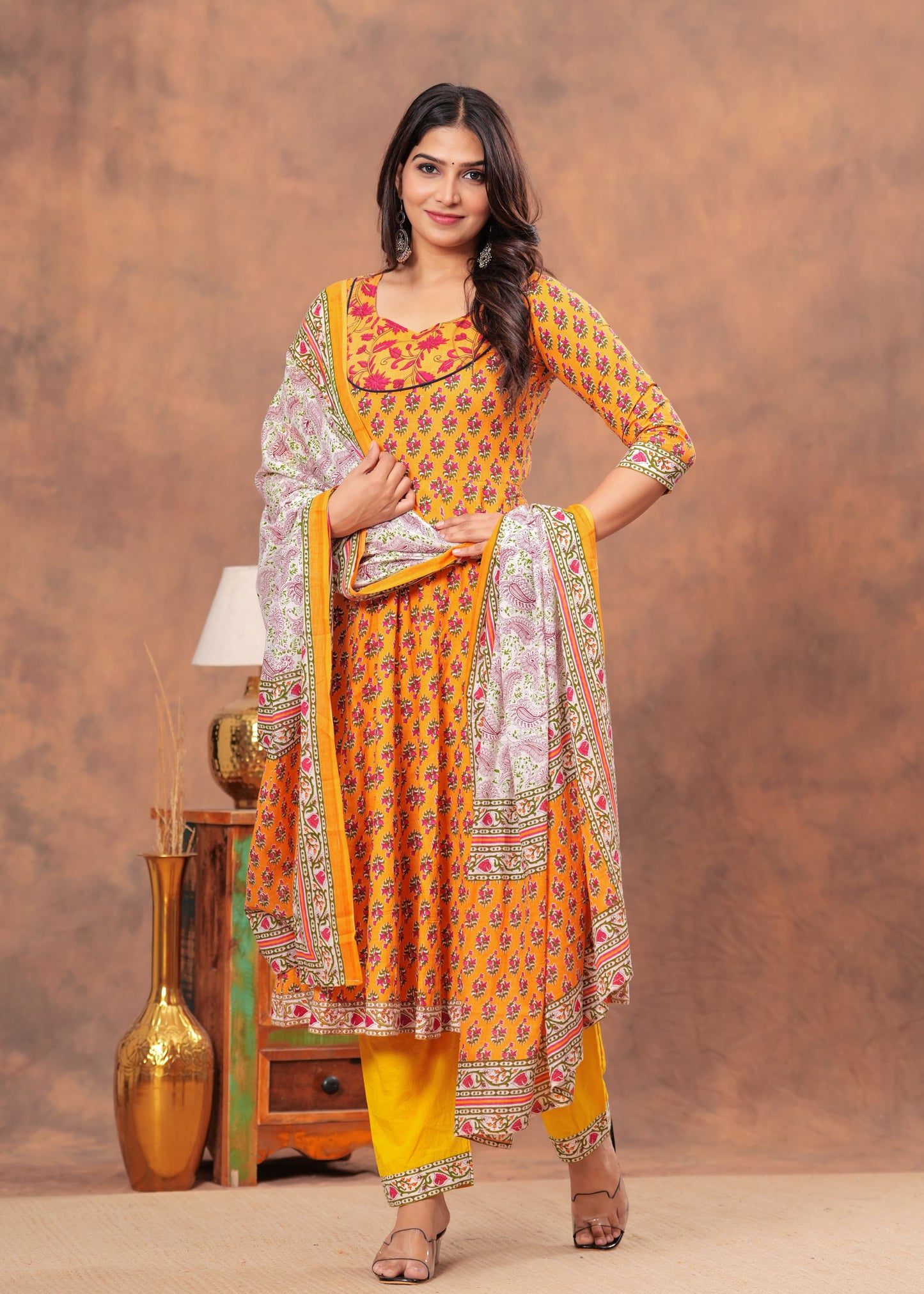 Orange Pink Bagru Print Cotton Anarkali Kurti Set with Dupatta