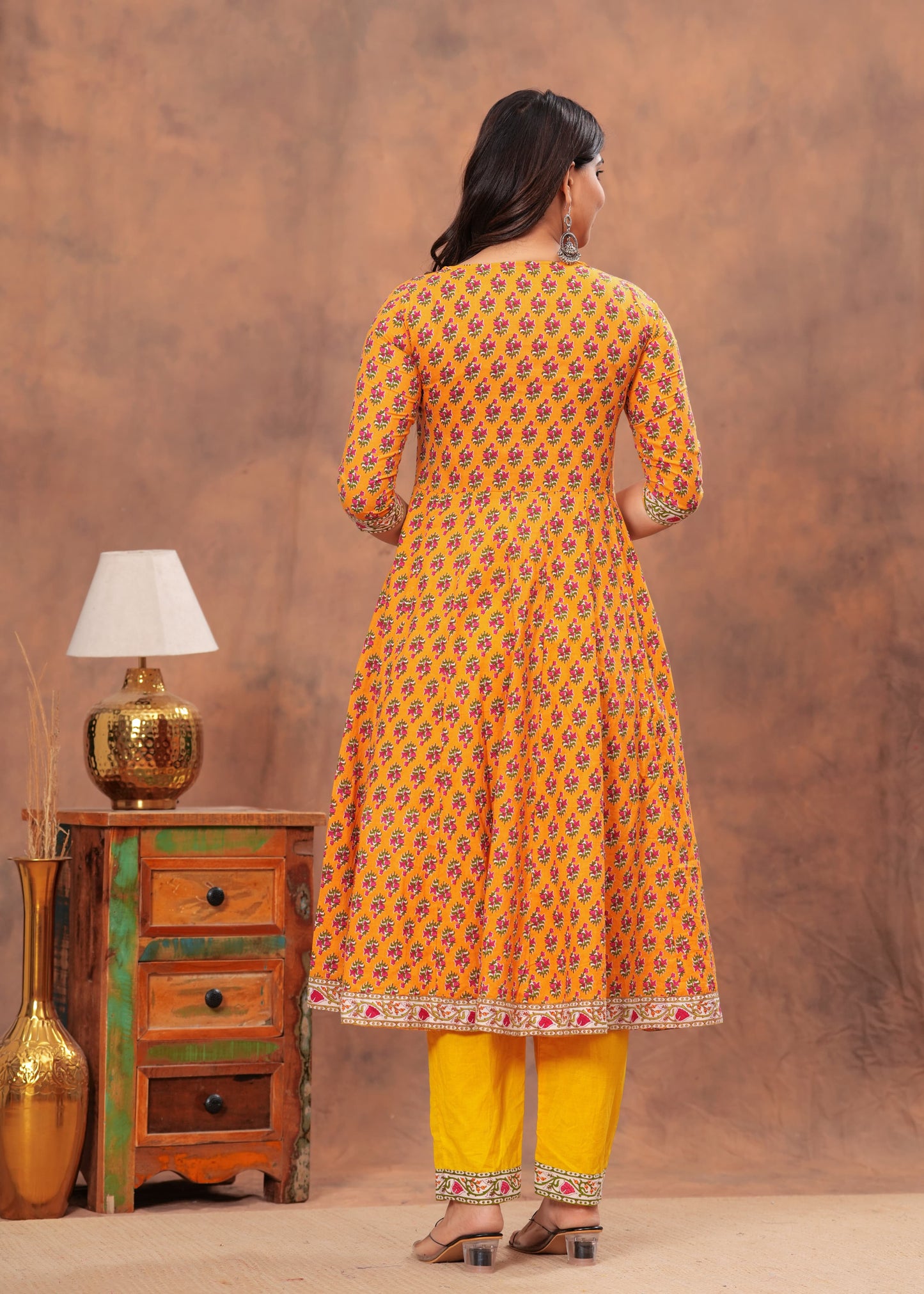 Orange Pink Bagru Print Cotton Anarkali Kurti Set with Dupatta
