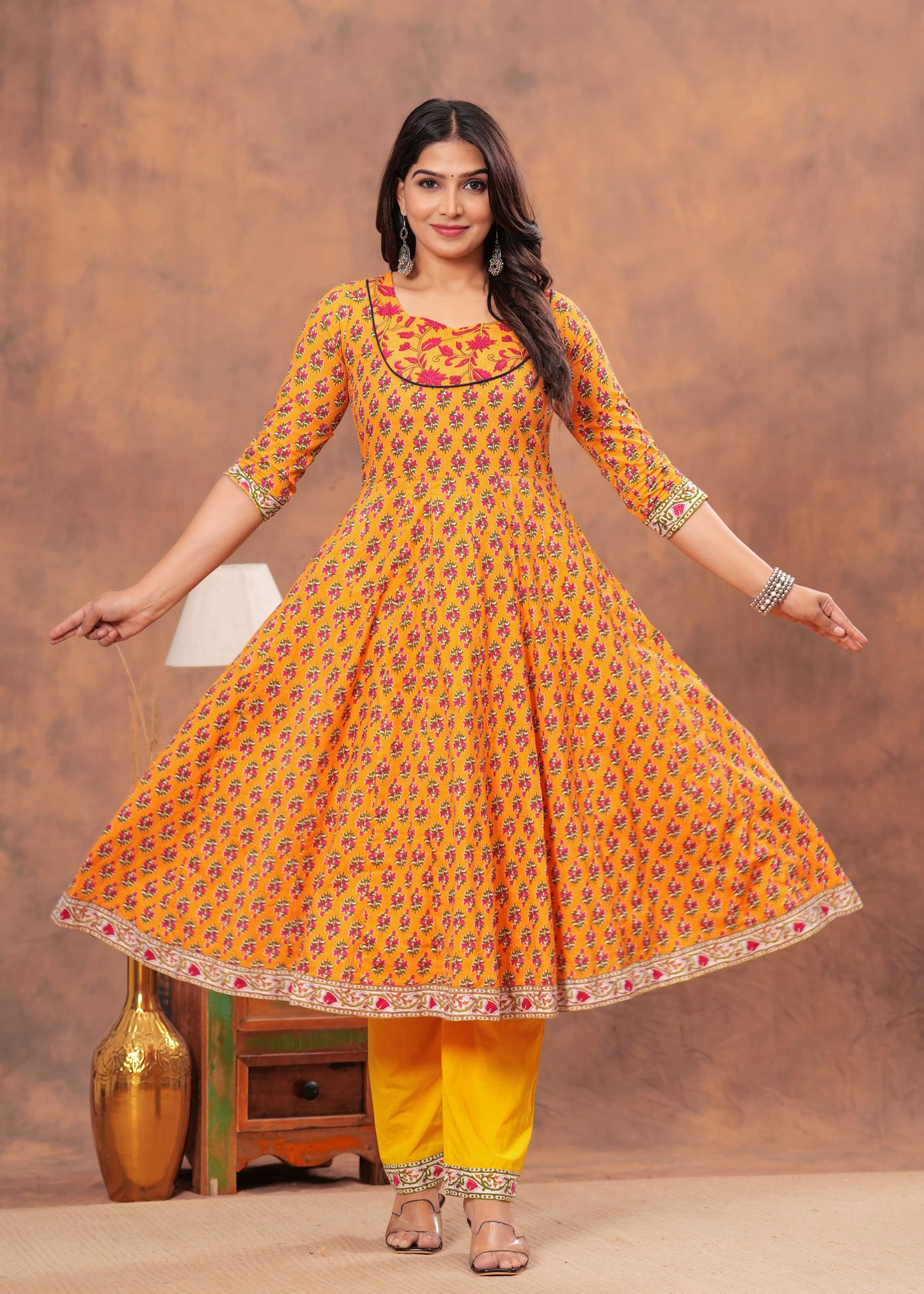 Orange Pink Bagru Print Cotton Anarkali Kurti Set with Dupatta