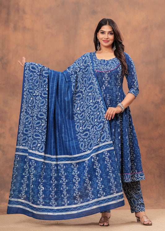 Indigo Blue Cotton Anarkali Kurti Set with Bagru Block Prints