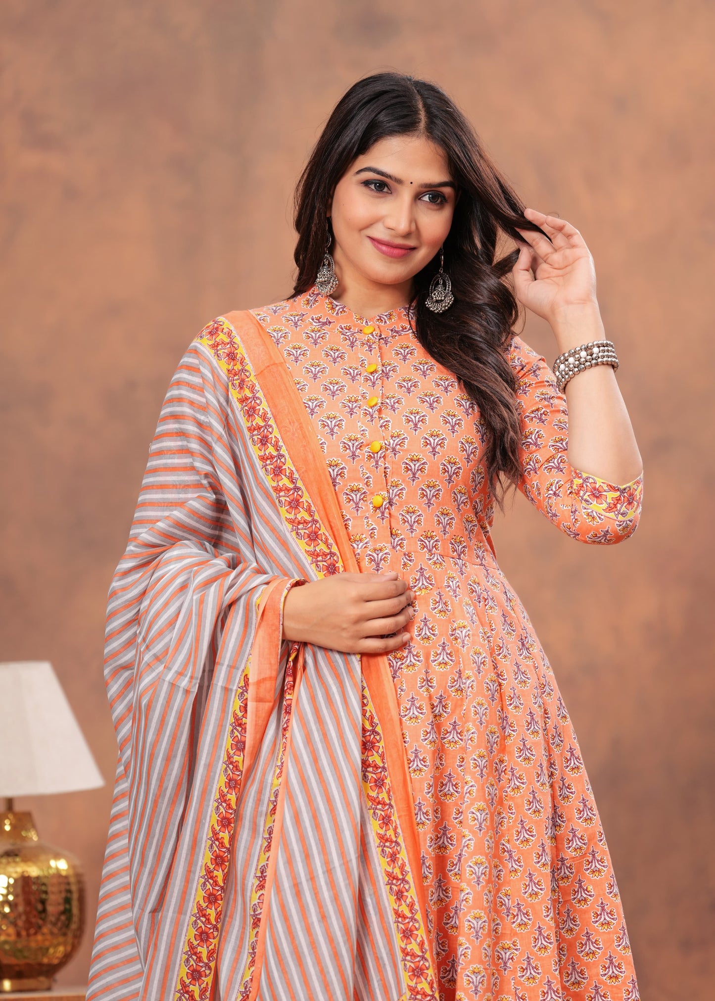 Peach Floral Cotton Anarkali Suit Set with Striped Dupatta