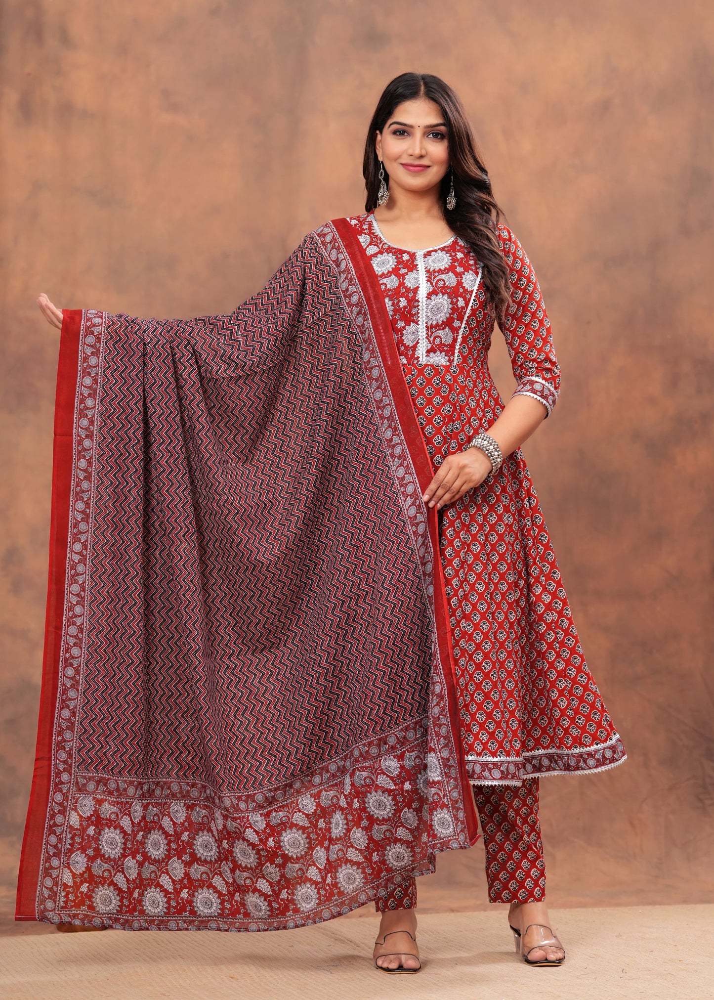 Red Bagru Hand Block Printed Cotton Anarkali Kurti Set with Dupatta