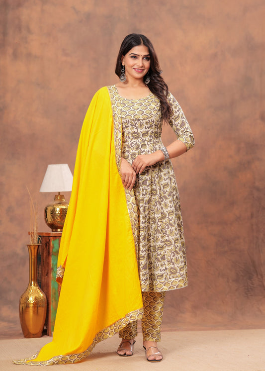 Cream Yellow Bagru Printed Cotton Anarkali Suit with Bright Yellow Dupatta