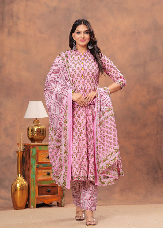 Pink Cotton Anarkali Kurti Pant Set with Olive Green Dupatta