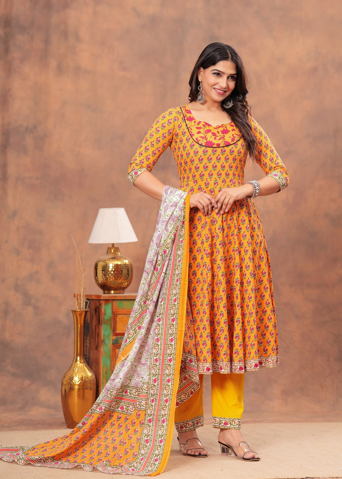 Orange Pink Bagru Print Cotton Anarkali Kurti Set with Dupatta